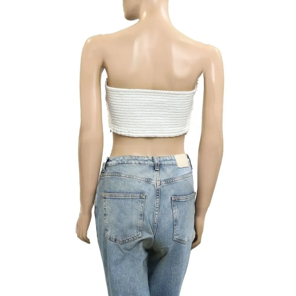 Free People Drift Away Blouse Tube Top Floral Crochet Smocked White S 279430